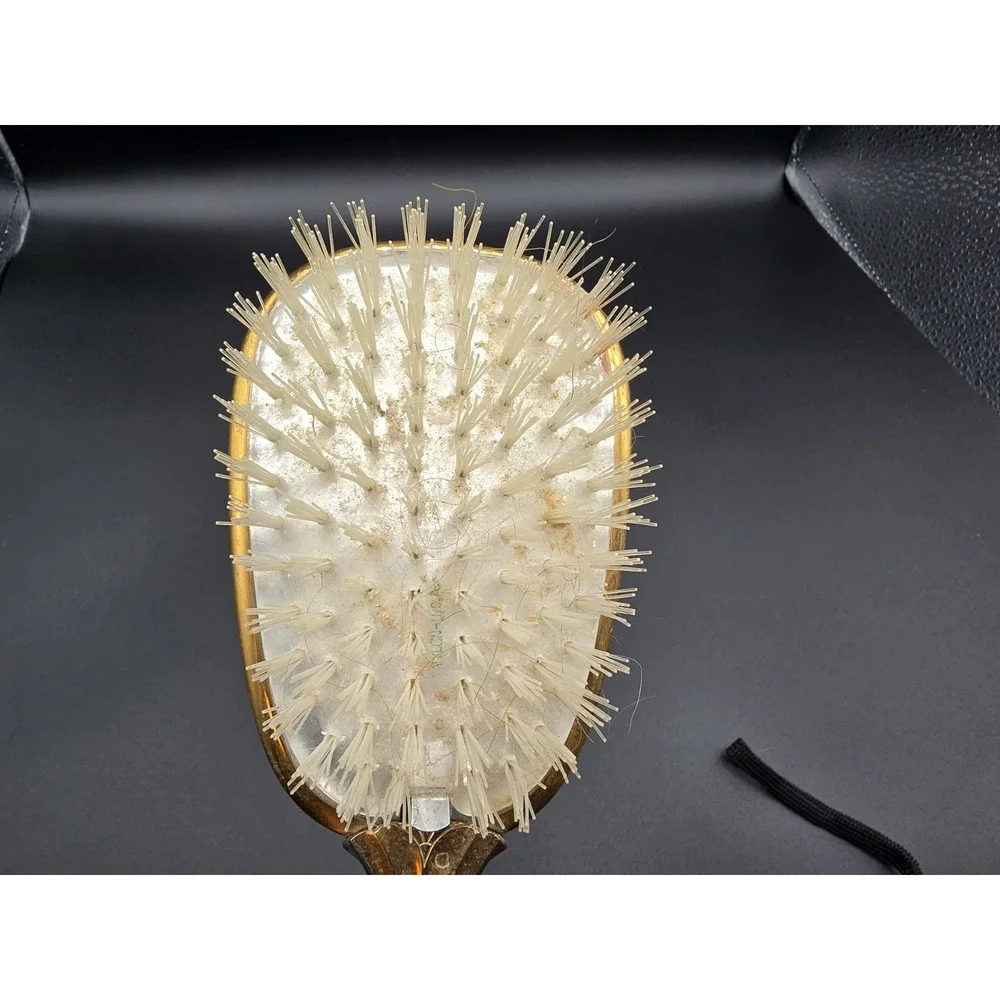 Vanity Vtg Antique Nylon Hair Brush‎ Gold Brass Tone USA